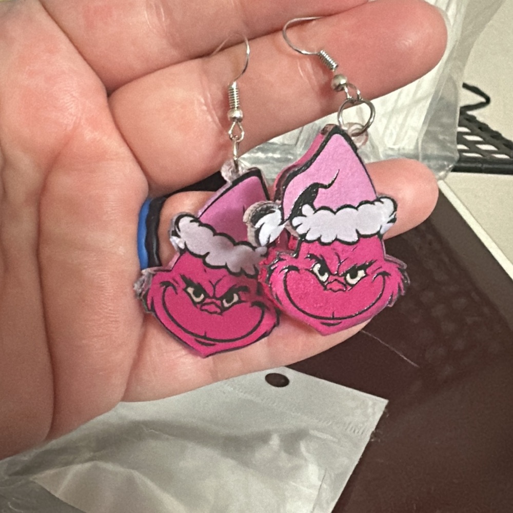 Pink grinch earrings